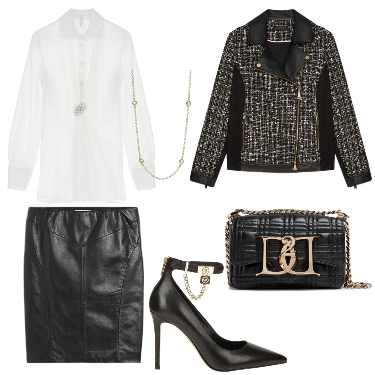 Outfit donna - Bianco nero e oro. Stile Bon Ton per Serata fuori. Abbinamento con gonne, décolleté, collane, camicie, blazer, borse a spalla.