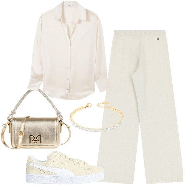 Outfit donna - Borse mini, stile maxi. Stile Casual chic per Tutti i giorni. Abbinamento con sneakers, camicie, borse a mano, braccialetti, pantaloni a palazzo.