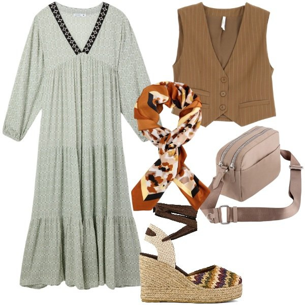 Outfit donna - Primavera boho. Stile Boho per Tutti i giorni. Abbinamento con vestiti lunghi, gilet, sandali col tacco, borse a tracolla, foulard.