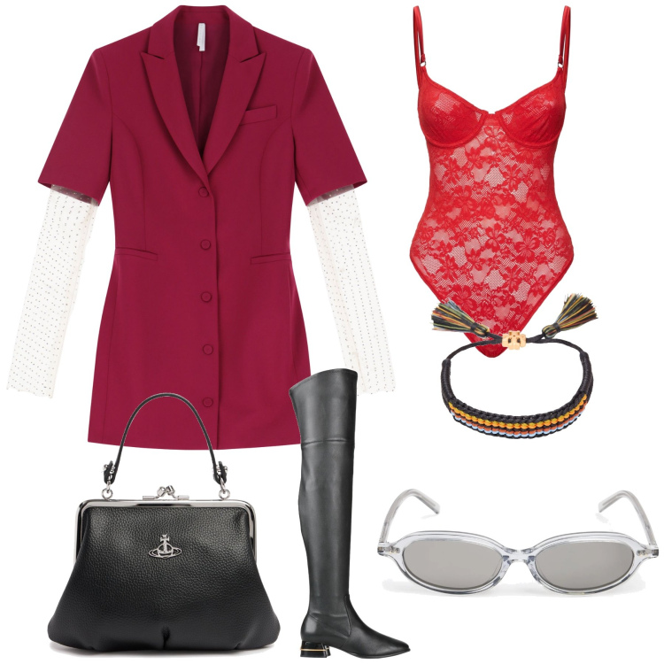 Outfit donna - Abito particolare originale e glamour. Stile Urban per Ufficio. Abbinamento con stivali sopra il ginocchio, braccialetti, vestiti corti, body, borse a mano, occhiali da sole.