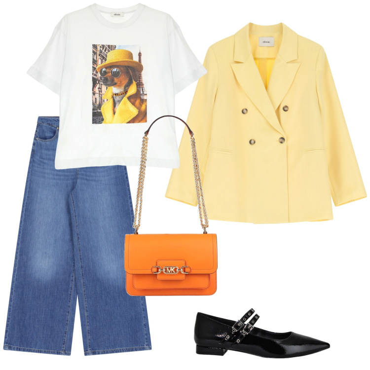 Outfit donna - Total look #2081413. Stile Trendy per Tutti i giorni. Abbinamento con borse a spalla, pantaloni a palazzo, t-shirt, blazer, ballerine.