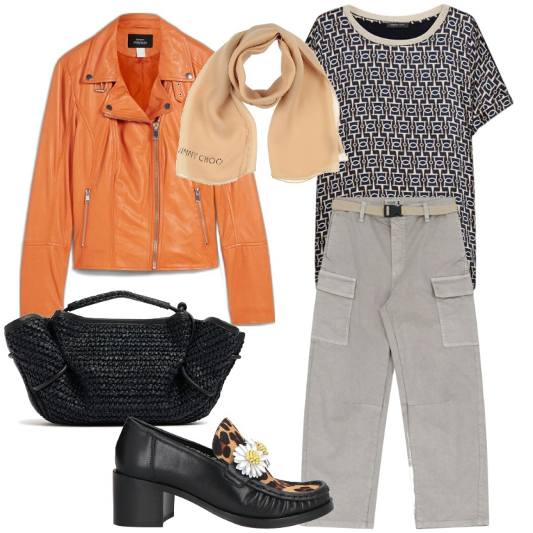 Outfit donna - Urban style in arancio. Stile Urban per Tutti i giorni. Abbinamento con blazer, mocassini, sciarpe, pantaloni chino, t-shirt, borse a mano.