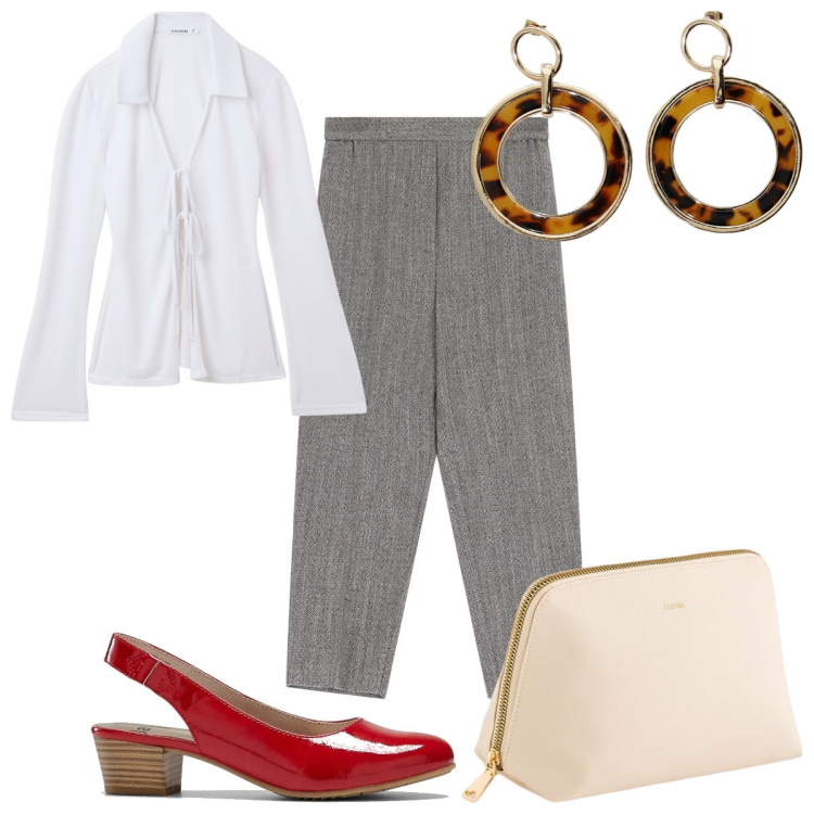 Outfit donna - Total look #2081415. Stile Trendy per Ufficio. Abbinamento con décolleté, camicie, pantaloni, orecchini, valigie.