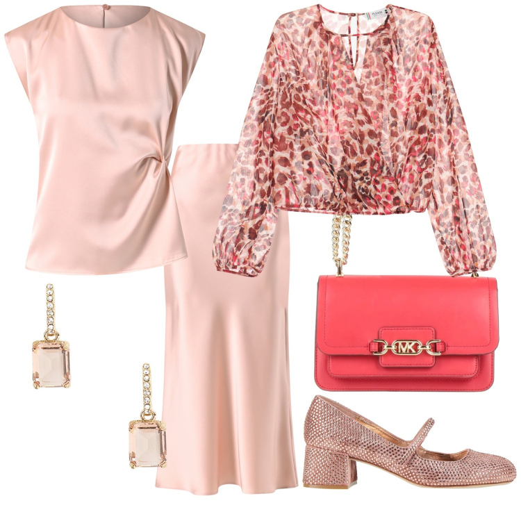 Outfit donna - Pink party. Stile Glamour per Tutti i giorni. Abbinamento con décolleté, borse a spalla, gonne, top, bluse, orecchini.
