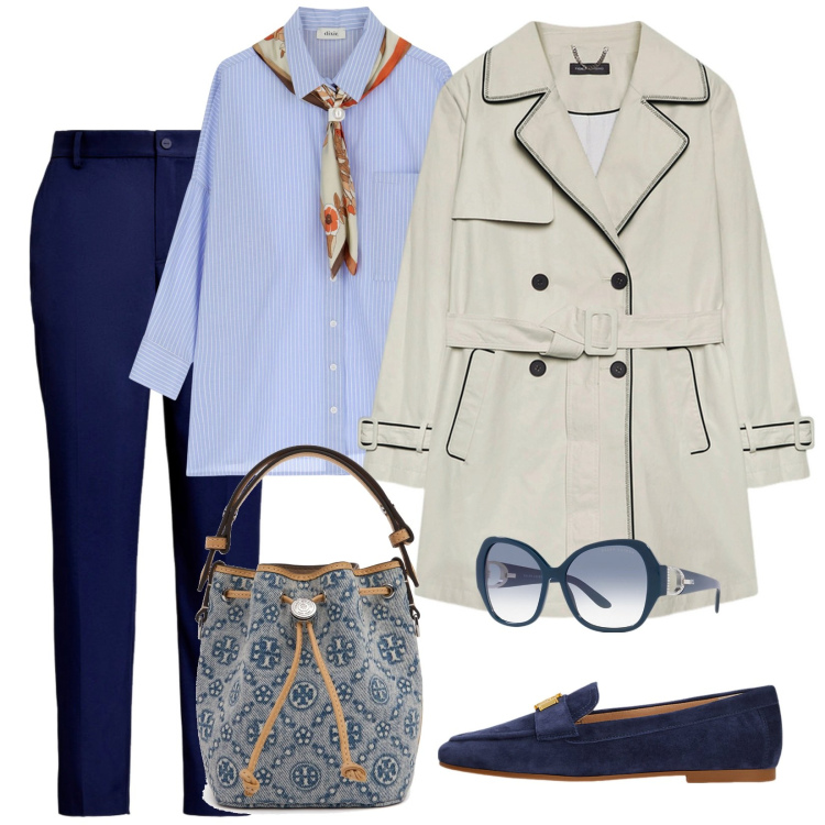 Outfit donna - Total look #2081426. Abbinamento con camicie, mocassini, pantaloni, occhiali da sole, trench, borse a secchiello.