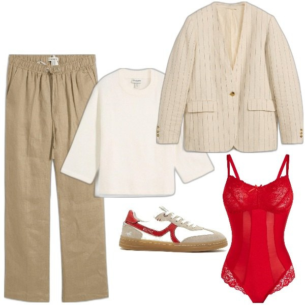 Outfit donna - Bonprix - Esplora la primavera. Stile Trendy per Tutti i giorni. Abbinamento con body, pantaloni, sneakers, blazer, t-shirt.