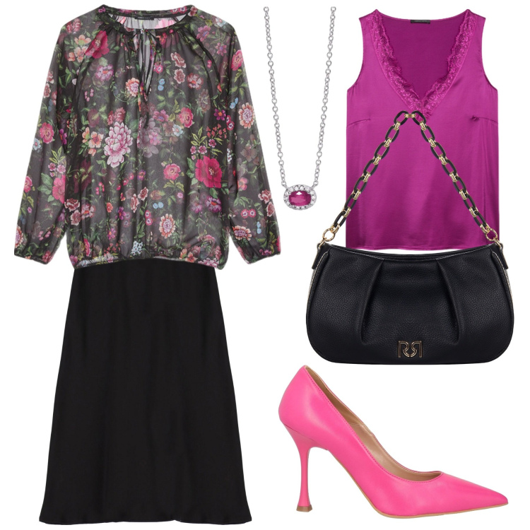 Outfit donna - La blusa floreale. Stile Romantica per Serata fuori. Abbinamento con décolleté, collane, borse a tracolla, gonne longuette, bluse, top.