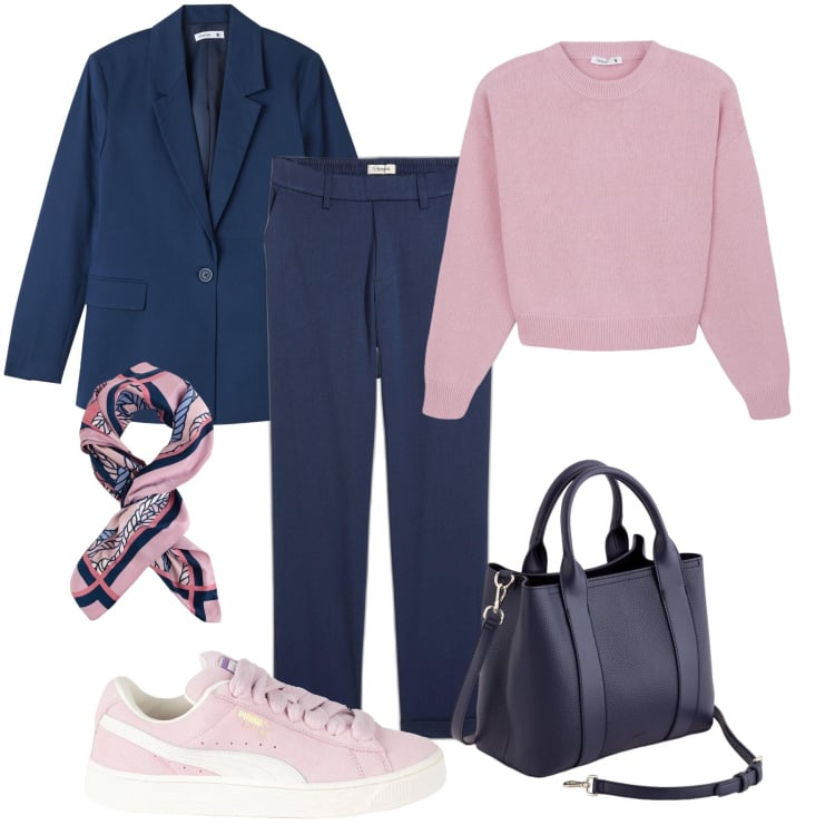 Outfit donna - Basica con stile. Stile Basic per Tutti i giorni. Abbinamento con pantaloni chino, sneakers, maglieria, blazer, borse a mano, foulard.