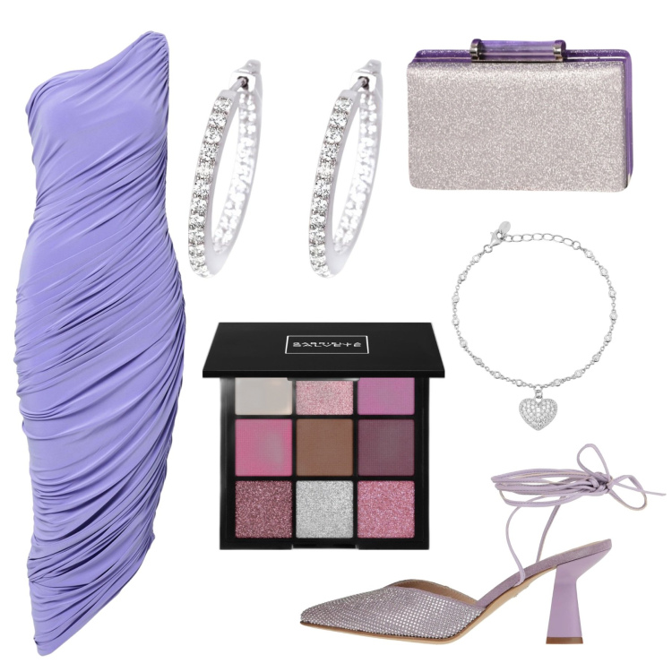 Outfit donna - Total look #2081439. Stile Glamour per Serata fuori. look ideale per Petite. Abbinamento con vestiti asimmetrici, décolleté, ombretti, orecchini, braccialetti, pochette.