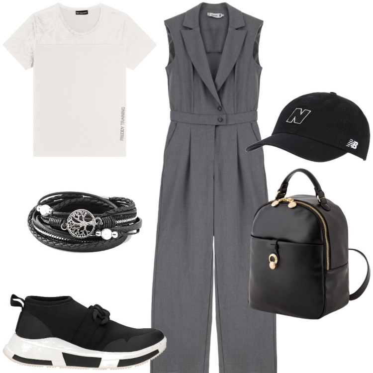 Outfit donna - La jumpsuit in modo sportivo. Stile Glamour per Tutti i giorni. Abbinamento con braccialetti, sneakers, cappelli, tute, t-shirt, zaini.