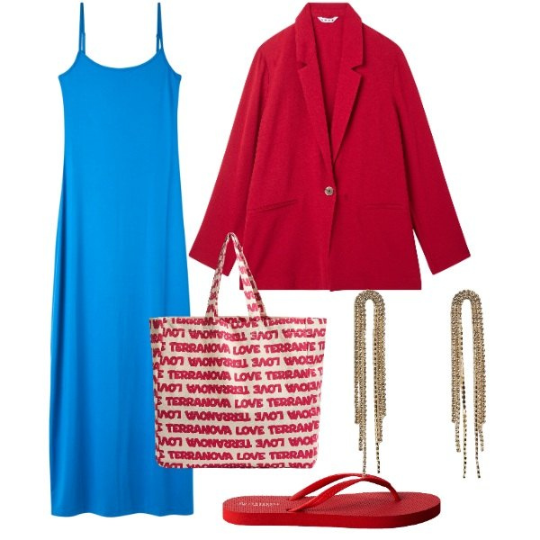 Outfit donna - Terranova - New Collection PE 25. Stile Trendy per Tutti i giorni. Abbinamento con blazer, infradito, vestiti lunghi, borse tote, orecchini.