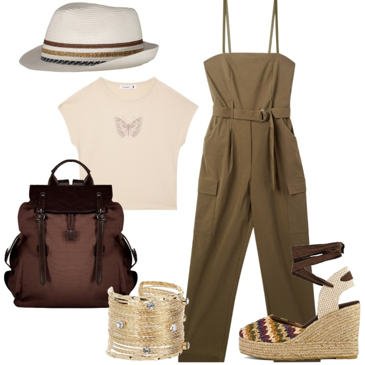 Outfit donna - Gita fuori porta. Stile Casual chic per Tutti i giorni. Abbinamento con tute, t-shirt, braccialetti, zaini, sandali col tacco, cappelli.