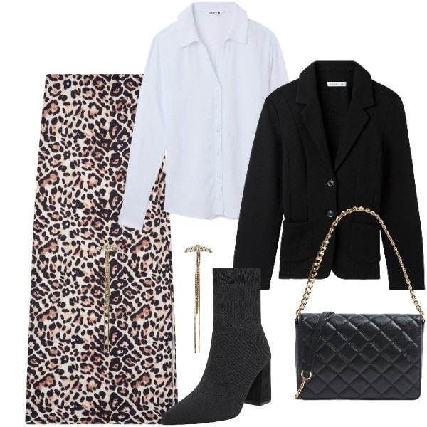 Outfit donna - Terranova - NEw Collection PE25. Stile Urban per Serata fuori. Abbinamento con gonne lunghe, camicie, blazer, stivaletti, borse a tracolla, orecchini.