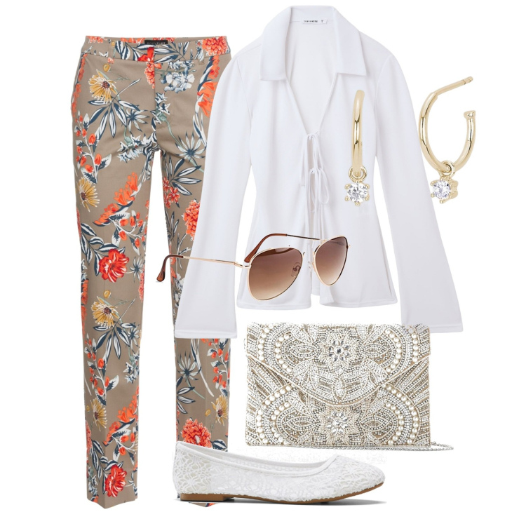Outfit donna - Total look #2081457. Abbinamento con pochette, pantaloni, occhiali da sole, ballerine, camicie, orecchini.