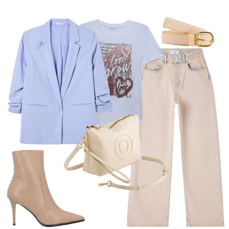 Outfit donna - Spring colors. Stile Urban per Tutti i giorni. Abbinamento con stivaletti, t-shirt, jeans, blazer, valigie, cinture.