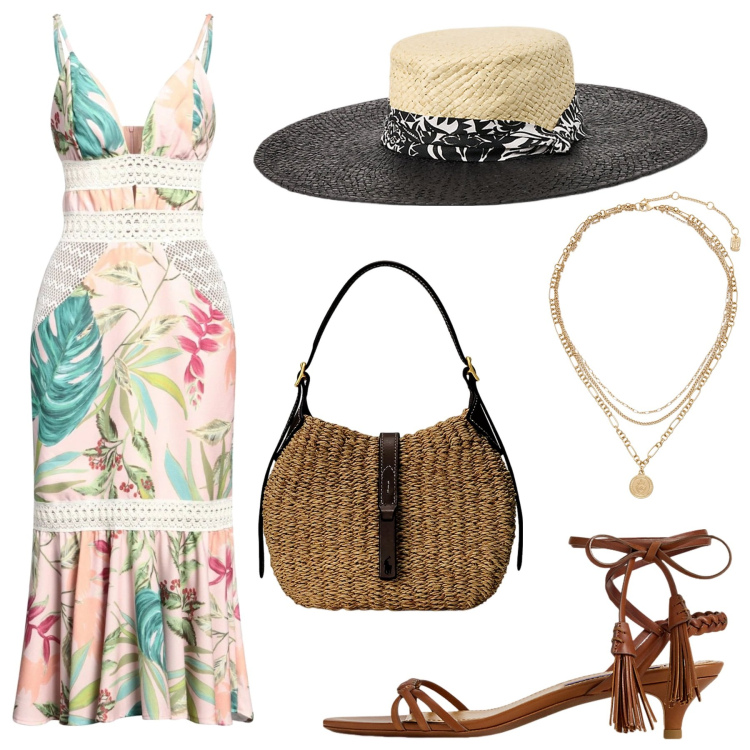Outfit donna - Total look #2081461. Stile Boho per Tutti i giorni. Abbinamento con vestiti midi/longuette, sandali col tacco, ciondoli, borse a spalla, cappelli.
