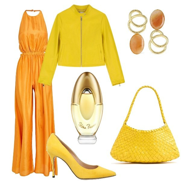 Outfit donna - Serata fuori. Stile Trendy per Serata fuori. Abbinamento con décolleté, tute, profumi, giacche, orecchini, borse a spalla.