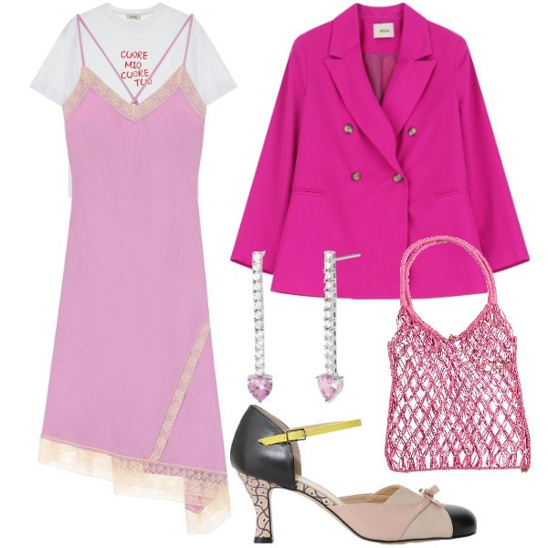 Outfit donna - Bantoa Spring Edit. Stile Vintage retrò per Serata fuori. Abbinamento con borse a mano, orecchini, blazer, vestiti asimmetrici, t-shirt, décolleté.