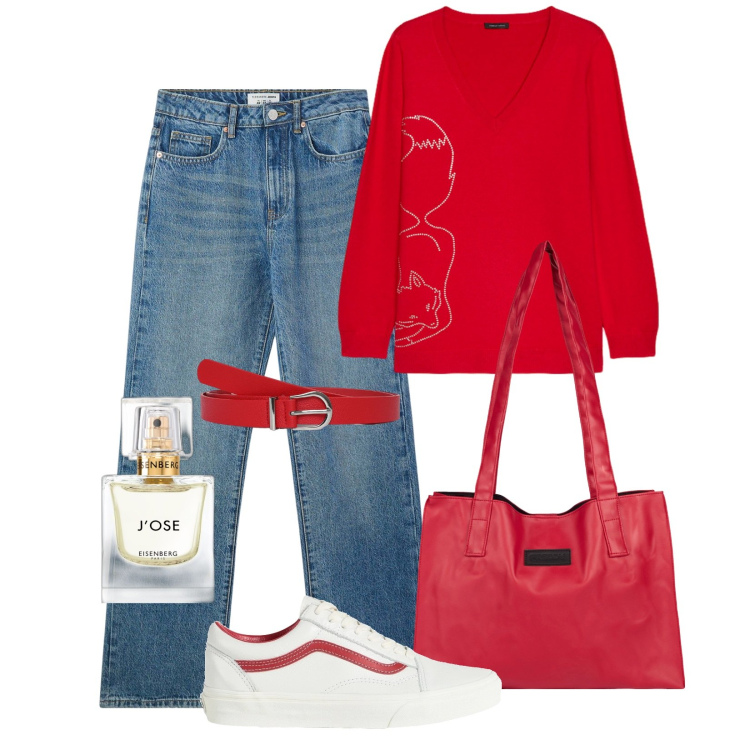 Outfit donna - Total look #2081469. Abbinamento con sneakers, profumi, cinture, jeans dritti, shopping bag, maglieria.