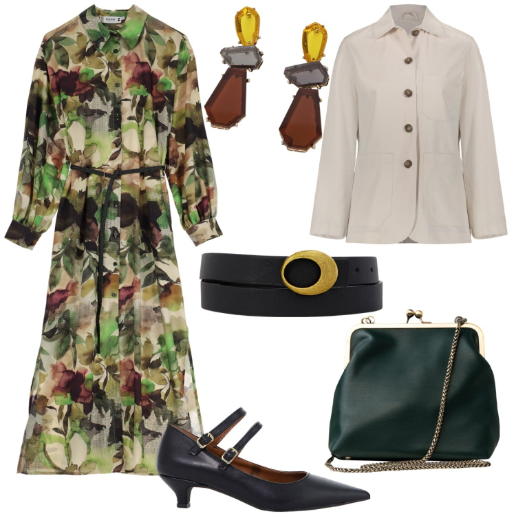 Outfit donna - Floreale un po\' vintage. Stile Vintage retrò per Tutti i giorni. Abbinamento con vestiti lunghi, orecchini, décolleté, cinture, blazer, clutch.