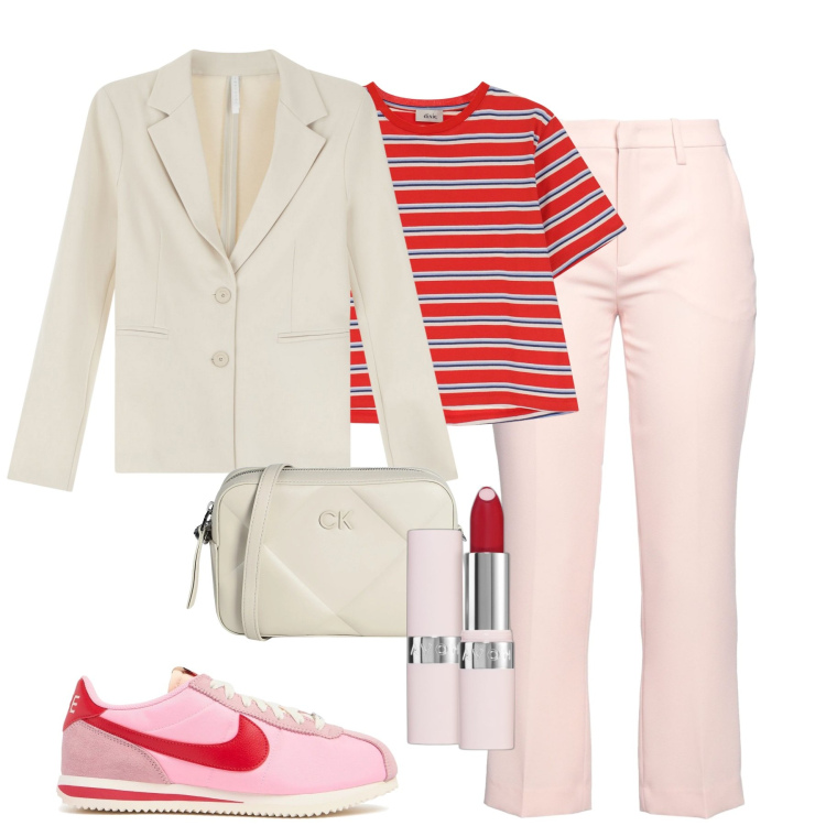 Outfit donna - City. Stile Urban per Tutti i giorni. Abbinamento con pantaloni, borse a tracolla, rossetti, blazer, t-shirt, sneakers.