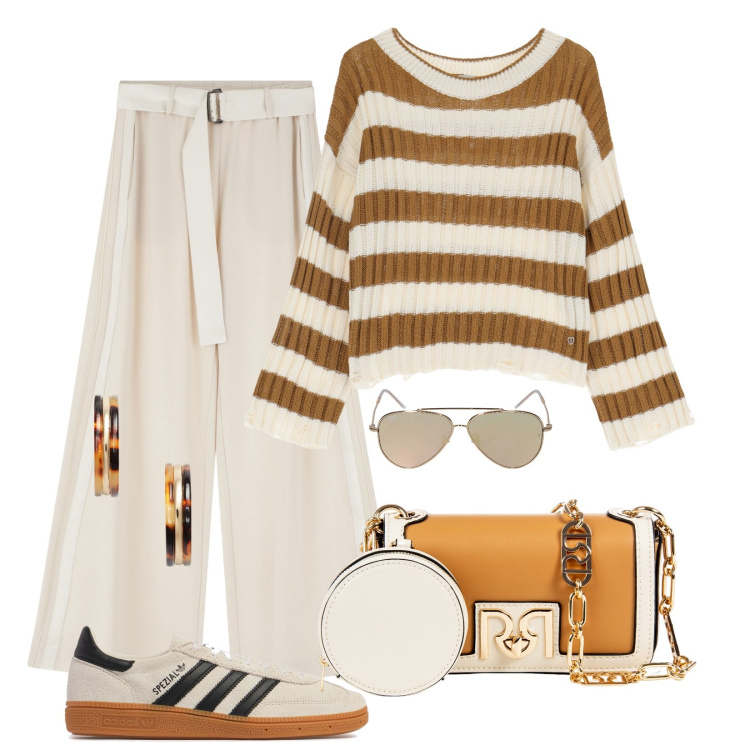 Outfit donna - Total look #2081481. Abbinamento con pochette, maglieria, pantaloni, orecchini, sneakers, occhiali da sole.