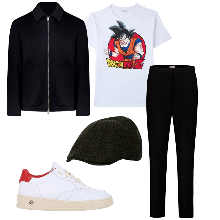 Outfit uomo - Super Saiyan. per Ufficio. Abbinamento con t-shirt, sneakers, pantaloni chino, giacche, cappelli con visiera.