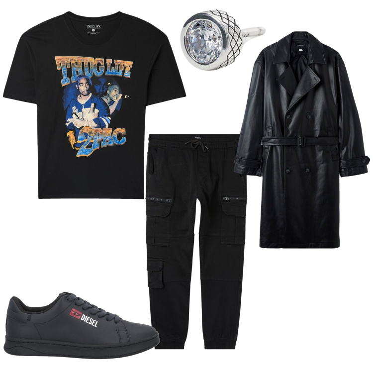 Outfit uomo - No women no cry. per Serata speciale. Abbinamento con sneakers, orecchini, t-shirt, trench, pantaloni cargo.