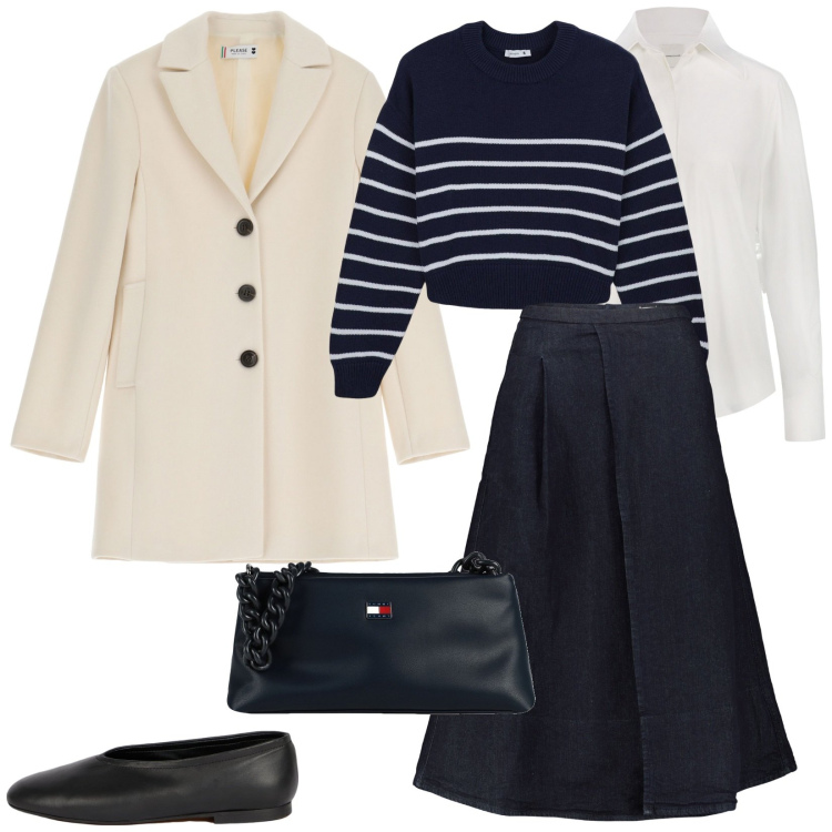 Outfit donna - Total look #2081499. Stile Casual per Ufficio. Abbinamento con borse a mano, maglieria, cappotti, gonne longuette, camicie, ballerine.