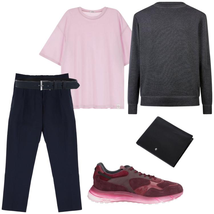 Outfit uomo - I colori della primavera. per Ufficio. Abbinamento con sneakers, pantaloni, t-shirt, portafogli, cinture, maglieria.