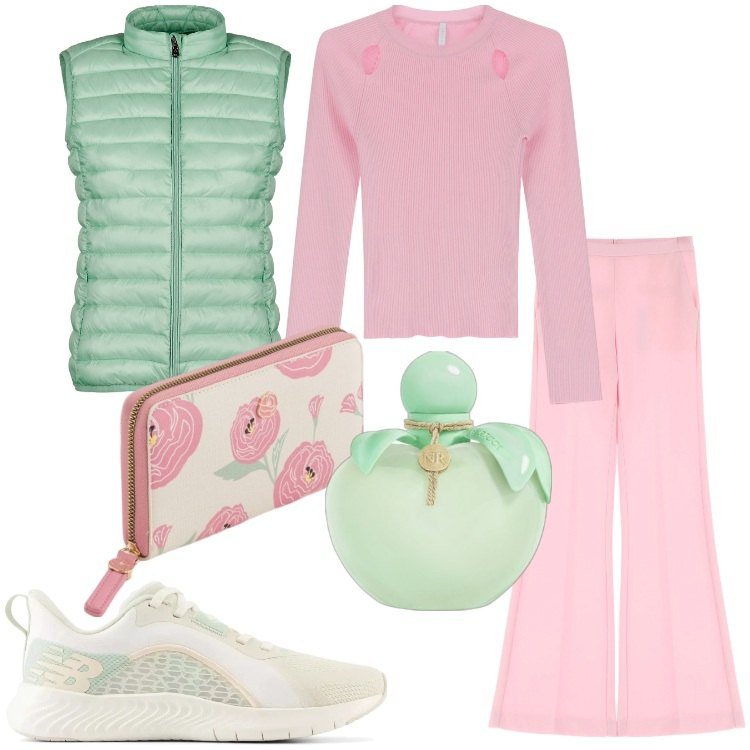 Outfit donna - Toni pastello in primavera. Stile Casual per Tutti i giorni. Abbinamento con profumi, sneakers, pantaloni, maglieria, piumini, portafogli.