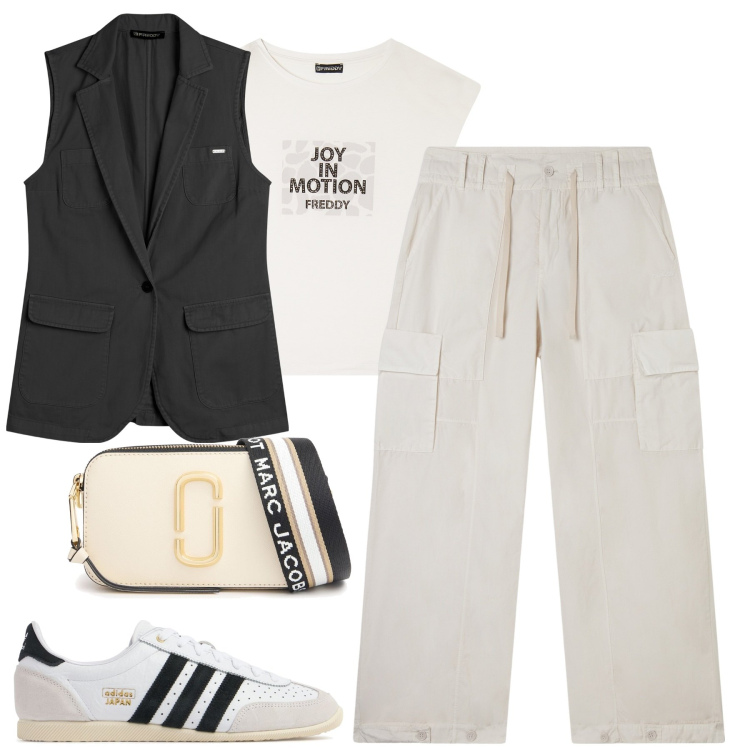 Outfit donna - Freddy style. Stile Sporty chic per Tutti i giorni. Abbinamento con gilet, t-shirt, pantaloni cargo, sneakers, borse a spalla.