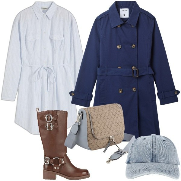 Outfit donna - Un giro in centro. Stile Urban per Tutti i giorni. Abbinamento con vestiti chemisier, stivali, cappelli con visiera, trench, borse a tracolla.