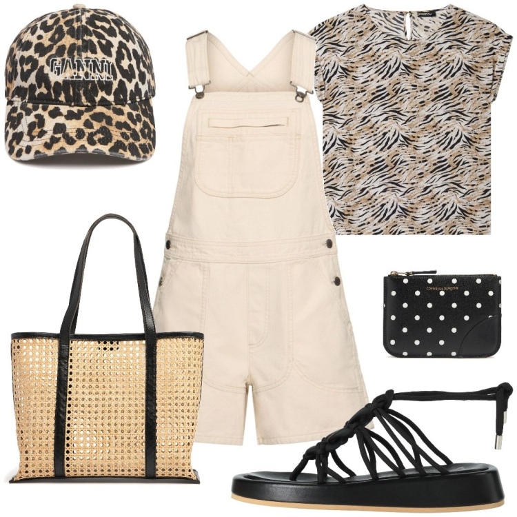 Outfit donna - La salopette beige. Stile Casual chic per Tutti i giorni. Abbinamento con infradito, t-shirt, cappelli, shopping bag, portafogli, salopette.