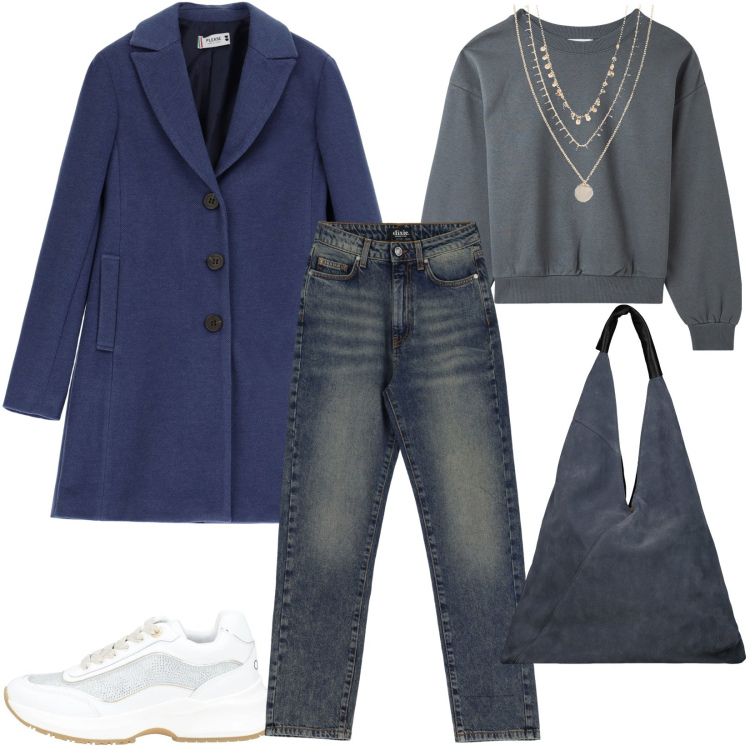 Outfit donna - Capi basic comodi. Stile Basic per Tutti i giorni. Abbinamento con collane, sneakers, felpe, cappotti, jeans, borse a spalla.