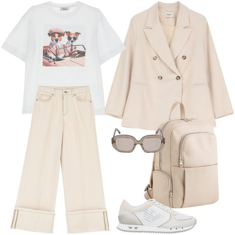 Outfit donna - Una settimana di ferie. Stile Trendy per Tutti i giorni. Abbinamento con sneakers, blazer, t-shirt, pantaloni, zaini, occhiali da sole.