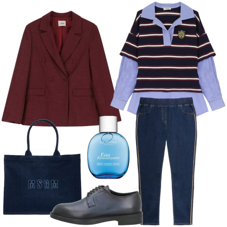 Outfit donna - Preppy style. Stile Preppy per Scuola/Università. Abbinamento con scarpe stringate, profumi, t-shirt, blazer, jeggings, shopping bag.