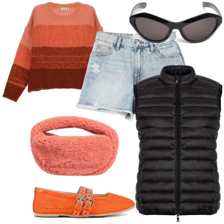 Outfit donna - Mare di marzo. Stile Casual chic per Mare. Abbinamento con borse a mano, shorts, maglieria, piumini, ballerine, occhiali da sole.