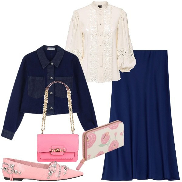 Outfit donna - Blu in primavera. Stile Trendy per Tutti i giorni. Abbinamento con camicie, borse a spalla, ballerine, blazer, gonne longuette, portafogli.