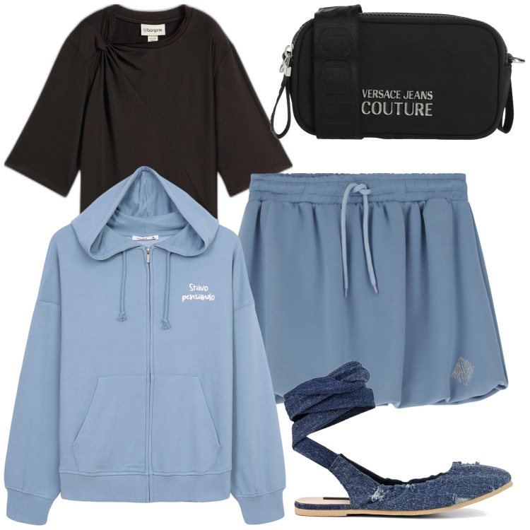 Outfit donna - Total look. Stile Preppy per Tutti i giorni. Abbinamento con t-shirt, borse a tracolla, felpe con cappuccio, minigonne, ballerine.