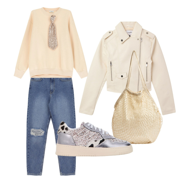 Outfit donna - Cravatta di paillettes. Stile Urban per Tutti i giorni. Abbinamento con giacche, borse a tracolla, sneakers, felpe, jeans strappati.