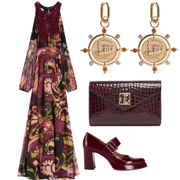 Outfit donna - Abito decisamente boho. Stile Boho per Serata fuori. Abbinamento con décolleté, vestiti lunghi, orecchini, pochette.
