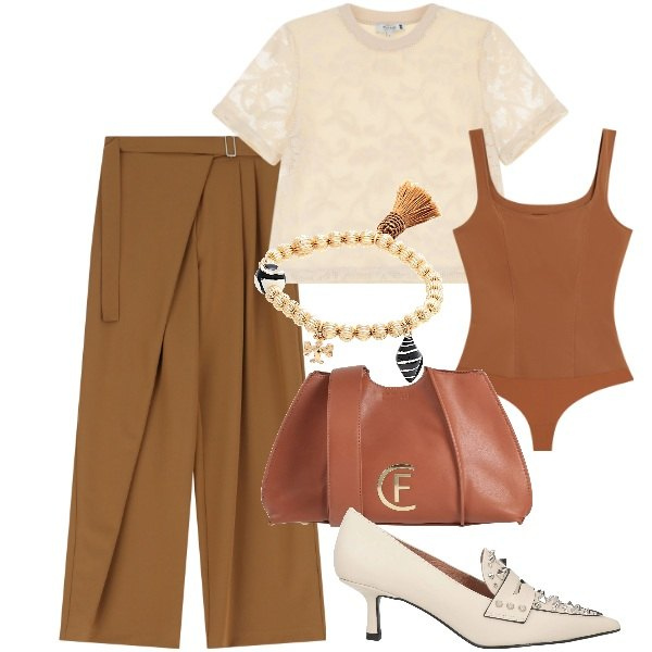 Outfit donna - pantalone a palazzo e pizzo. Stile Romantica per Ufficio. Abbinamento con mocassini, braccialetti, borse a tracolla, t-shirt, pantaloni a palazzo, body.