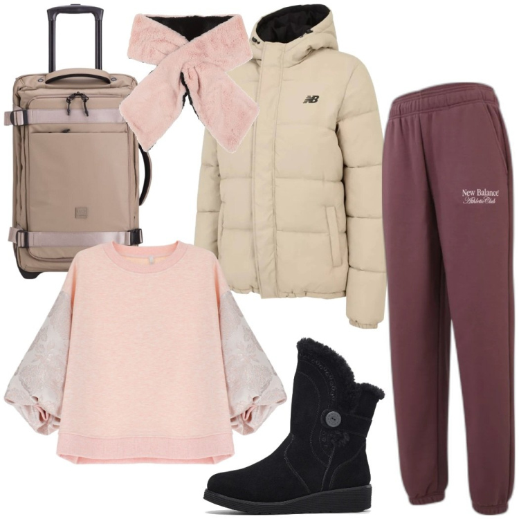 Outfit donna - Vacanza in baita. Stile Sporty chic per Tutti i giorni. Abbinamento con stivali, sciarpe, pantaloni, piumini, felpe, valigie.