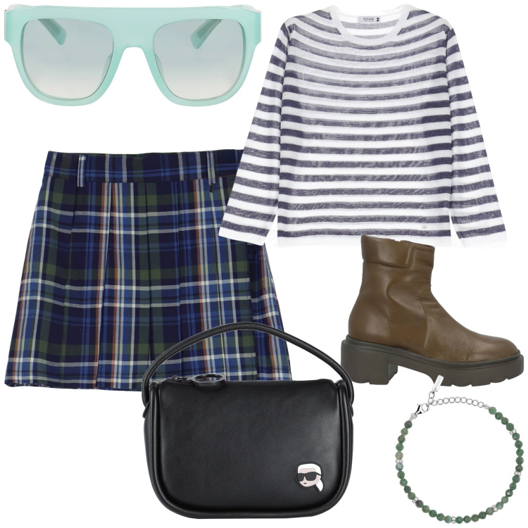 Outfit donna - Righe quadri e total look. Stile Preppy per Tutti i giorni. Abbinamento con borse a mano, occhiali da sole, stivaletti, braccialetti, maglieria, minigonne.
