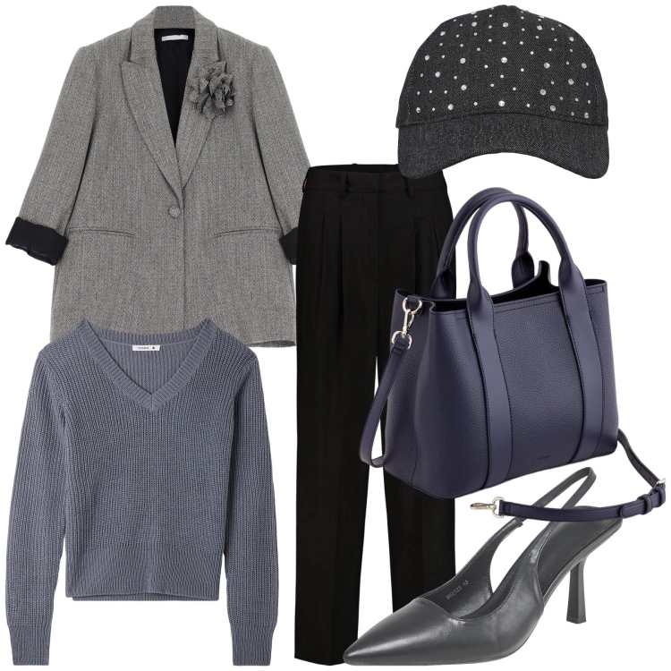 Outfit donna - Un fiore e tanti strass. Stile Urban per Ufficio. Abbinamento con blazer, pantaloni, maglieria, décolleté, cappelli, borse a mano.