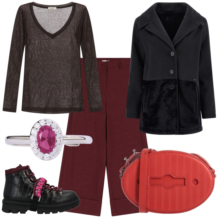 Outfit donna - Mix. Stile Trendy per Ufficio. Abbinamento con stivaletti, borse a tracolla, anelli, cappotti, t-shirt, pantaloni a palazzo.