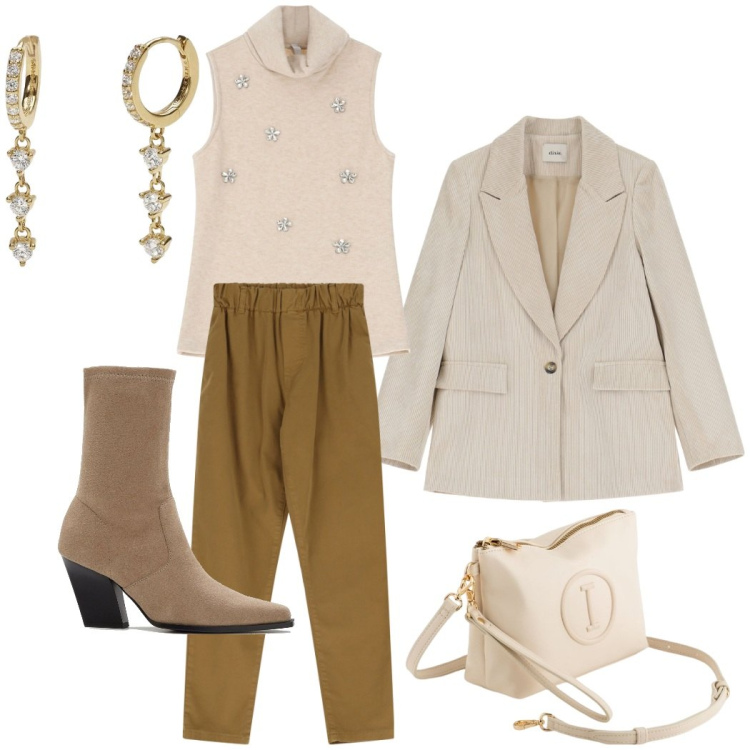 Outfit donna - Urban style. Stile Urban per Ufficio. Abbinamento con stivaletti, orecchini, maglieria, pantaloni chino, blazer, valigie.