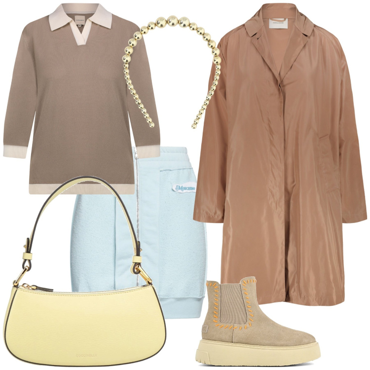 Outfit donna - Total look. Stile Trendy per Tutti i giorni. Abbinamento con borse a mano, minigonne, cerchietti, stivaletti, trench, polo.