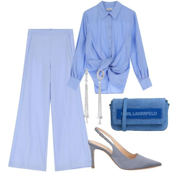 Outfit donna - Perfetta in ufficio. Stile Chic per Ufficio. Abbinamento con décolleté, borse a tracolla, orecchini, pantaloni a palazzo, camicie.